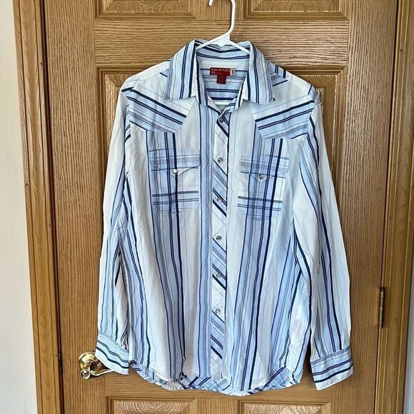 Guess Mens Blue White Pearl Snap Long Sleeve Shirt Size Small - Picture 1 of 4
